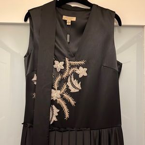 Sleeveless mid length pleated silk satin cocktail dress